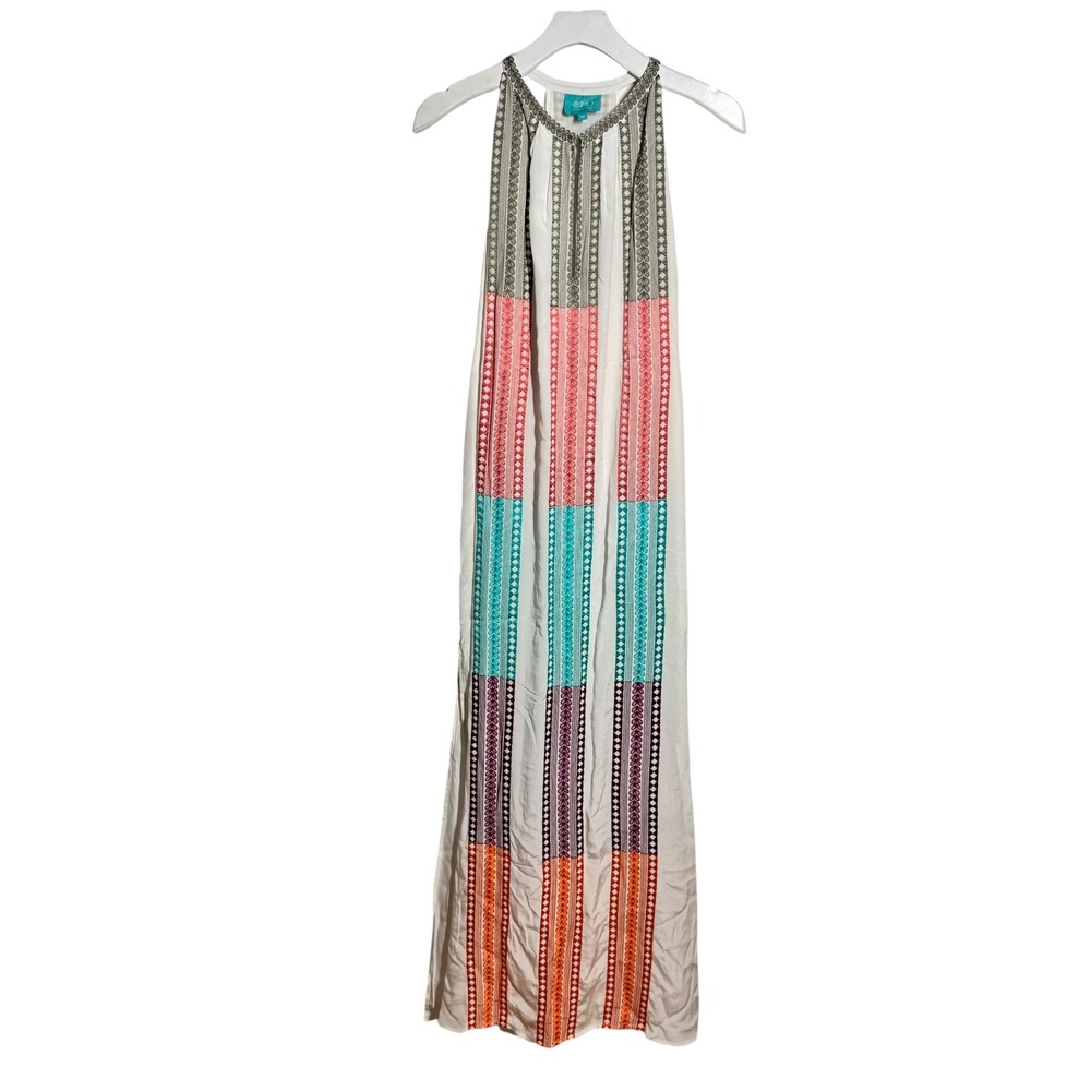 Taj by Sabrina Crippa Silk Embroidered Maxi Dress M Multi Color Halter Boho